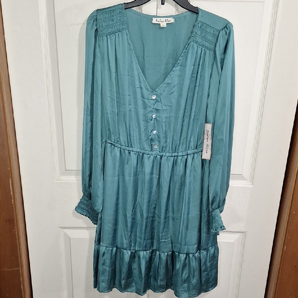 Indigo Rose Ruffled Long Sleeve V-Neck Sundress Mini-L-Teal Green Blue